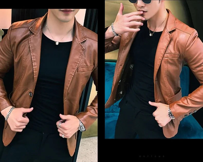 Leather Jacket for Men Thin Coats Slim Fit Spring Autumn Handsome Vintage Man Suits and Blazers Clothing Casual Clothes Original