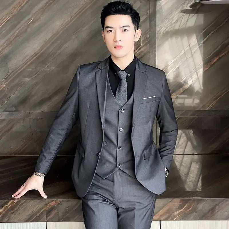 Suit (Blazer+ Vest + Pants) Men's Fashion Casual Outdoor Gentleman Business Wedding Formal Dress British Style Wedding Suit
