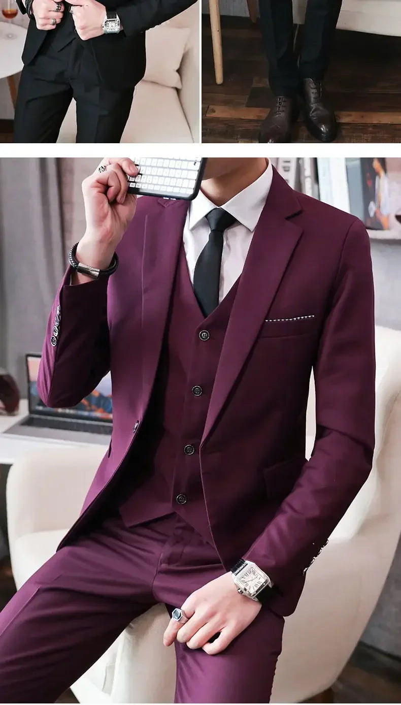 Suit (Blazer+ Vest + Pants) Men's Fashion Casual Outdoor Gentleman Business Wedding Formal Dress British Style Wedding Suit