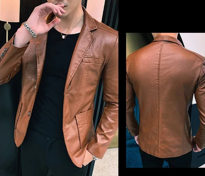 Leather Jacket for Men Thin Coats Slim Fit Spring Autumn Handsome Vintage Man Suits and Blazers Clothing Casual Clothes Original