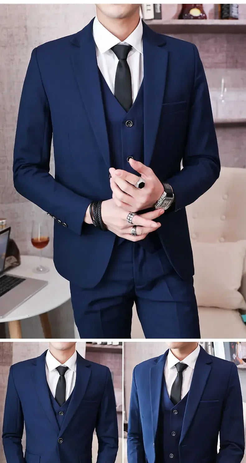 Suit (Blazer+ Vest + Pants) Men's Fashion Casual Outdoor Gentleman Business Wedding Formal Dress British Style Wedding Suit