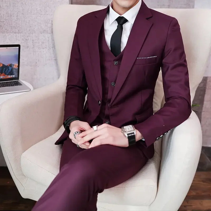 Suit (Blazer+ Vest + Pants) Men's Fashion Casual Outdoor Gentleman Business Wedding Formal Dress British Style Wedding Suit