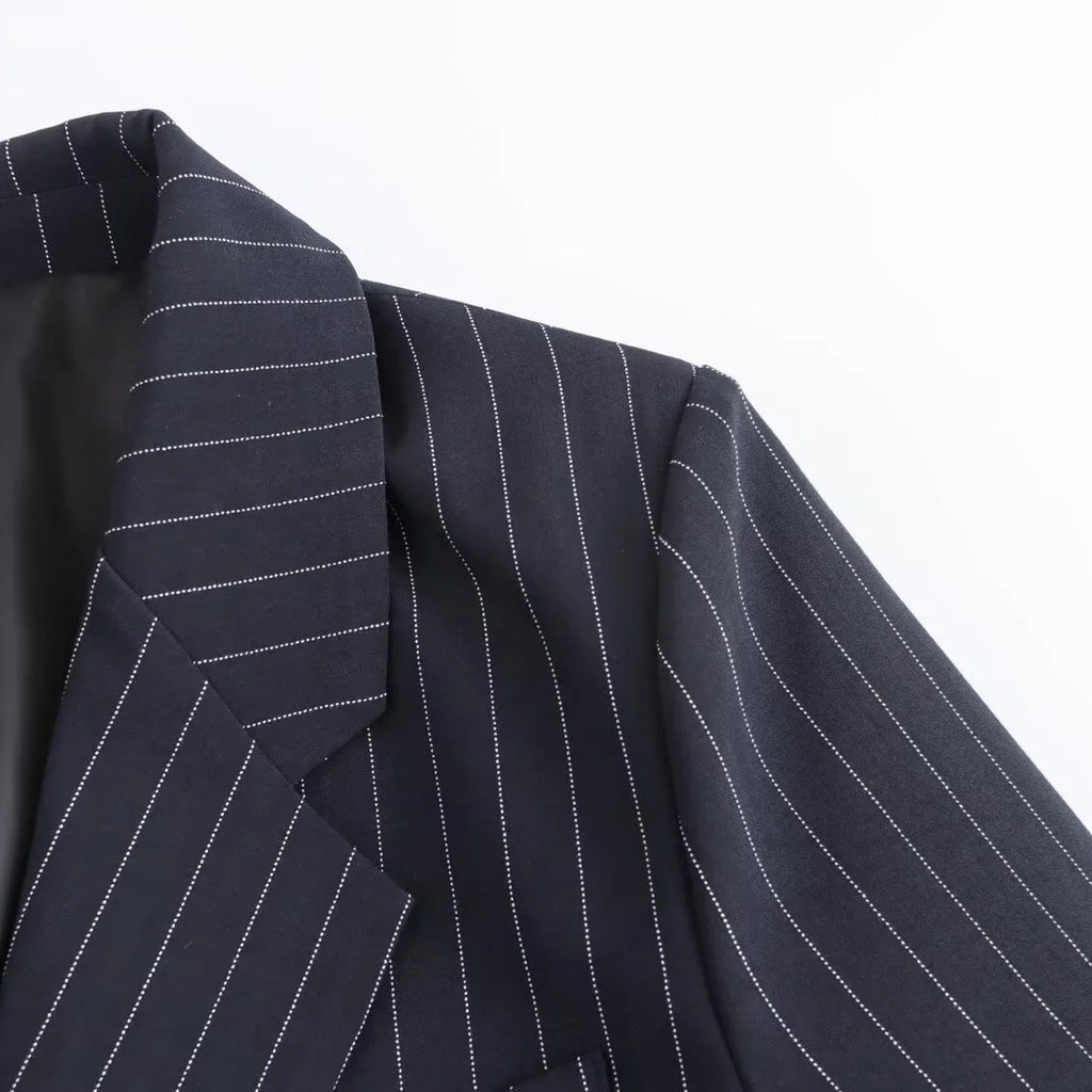 BSAY Blazers for Women Fashion Autumn Winter Loose Fine Stripes Long Sleeve Double-breasted Suits Jacket Chic Female Suit Coat