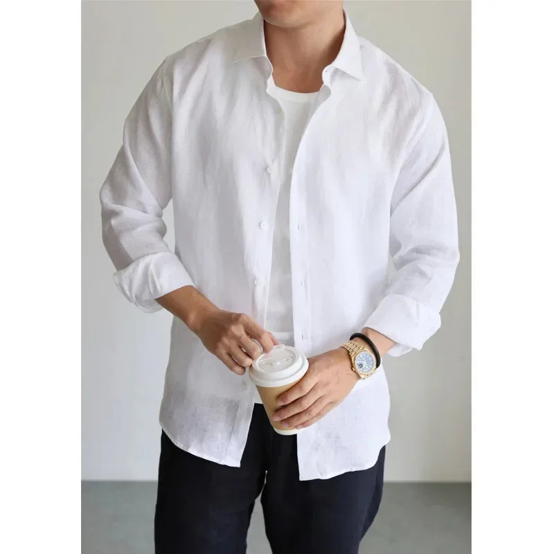 Men's Linen Shirt Cotton Blend Long Sleeve Button Down Casual Loose Fit Summer Breathable Tops Old Money Aesthetic Solid Color