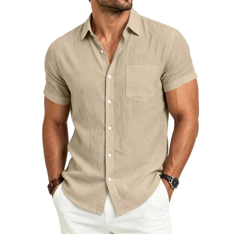 European and American Linen Top Men's Retro Casual Short-Sleeved Lapel Loose Beach Button-Up Shirt