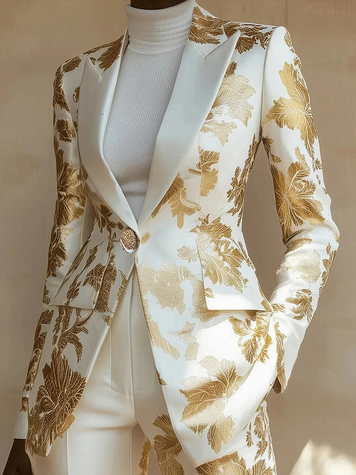 Elegant Fashion Casual Glamorous Long Blazer with Exquisite Print Design, No Pockets Stylish Outerwear, Available in All Seasons