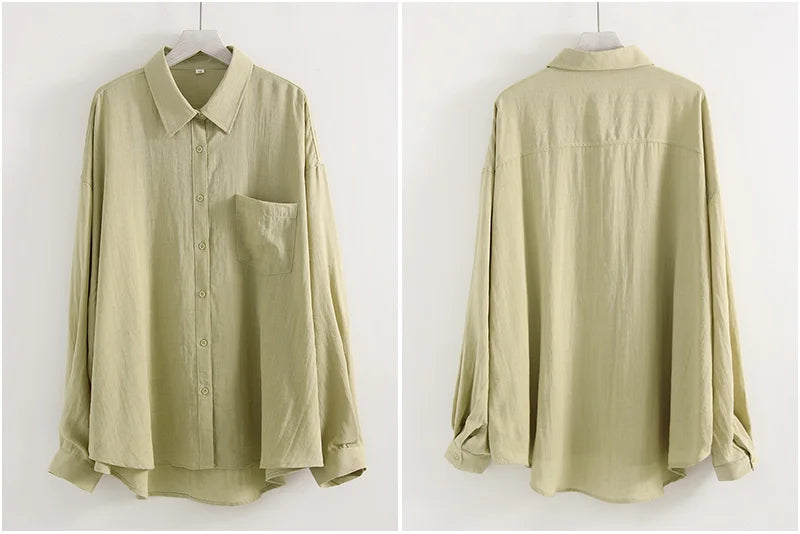 Linen Blue Button Down Shirt For Women Luxury Oversize Tops Summer Long Sleeve Basic Thin Women's White Linen Shirts Ladies Pink