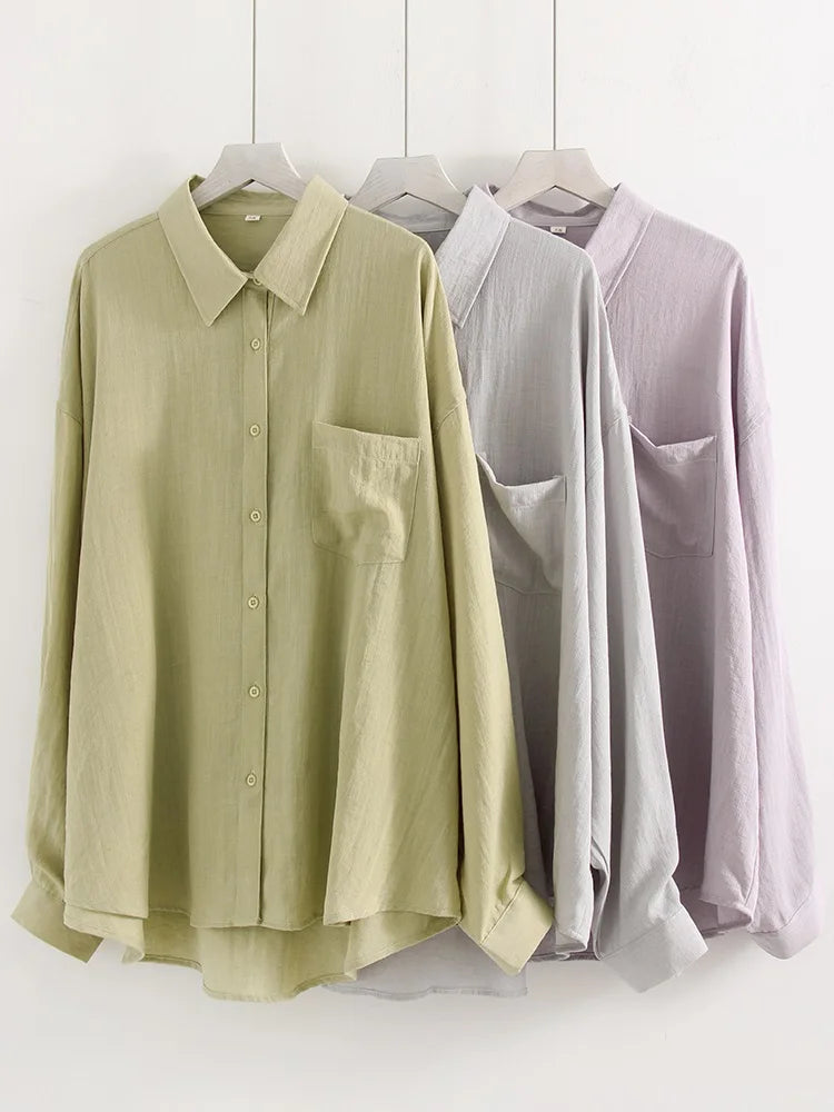 Linen Blue Button Down Shirt For Women Luxury Oversize Tops Summer Long Sleeve Basic Thin Women's White Linen Shirts Ladies Pink