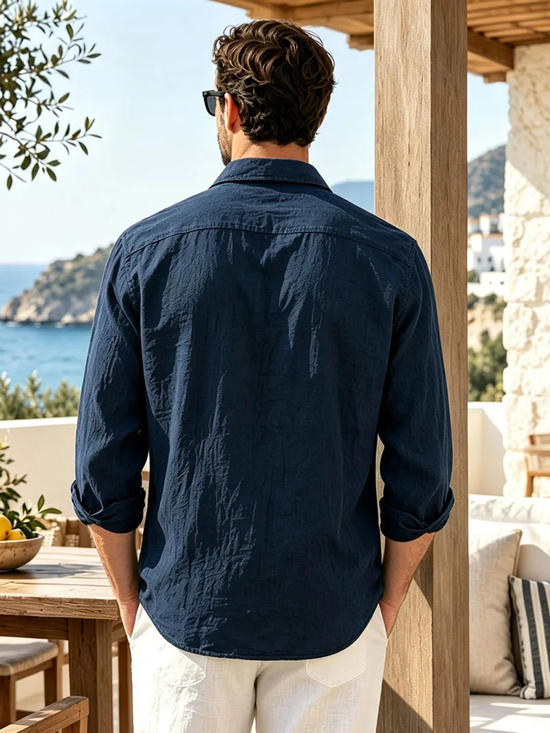 Men's Linen Shirt Spring Autumn Casual Long Sleeve Button Up Shirt Loose Fit Textured Top Lightweight Resort Wear for Men