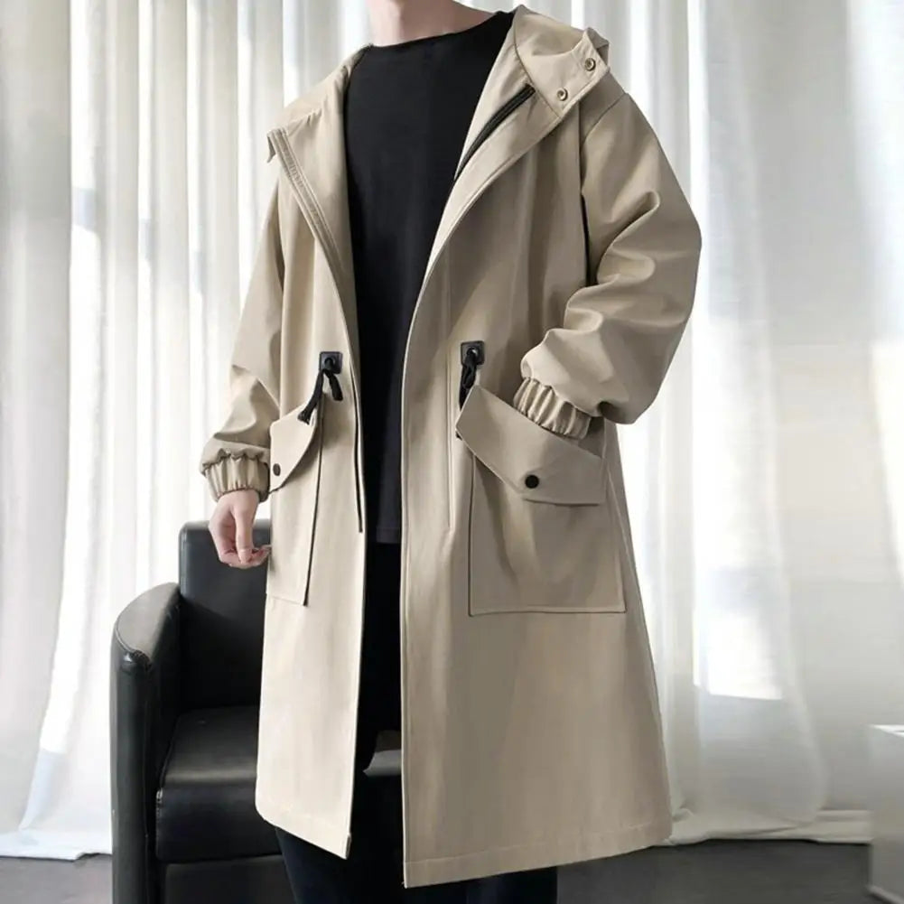 Long Trench Coat Jacket Men Autumn Spring Black Hip Hop Japanese Coats Streetwear Male Hooded Green Khaki Casual Jackets
