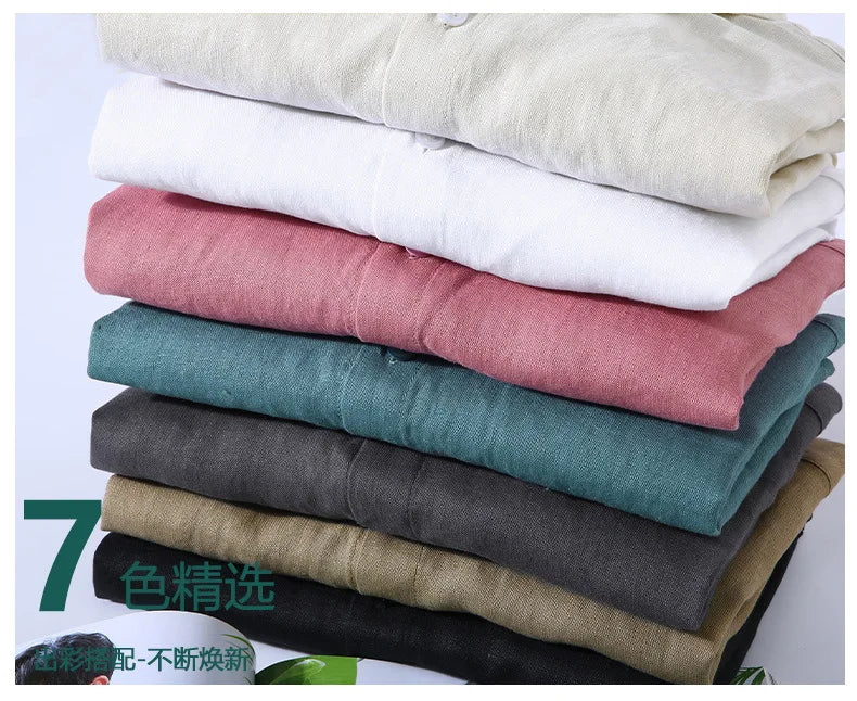 100% Linen Long Sleeve Shirt for Men Spring Fall Fashion Good Quality Solid Color Thin Breathable Healthy Lapel Blouse Tops Male
