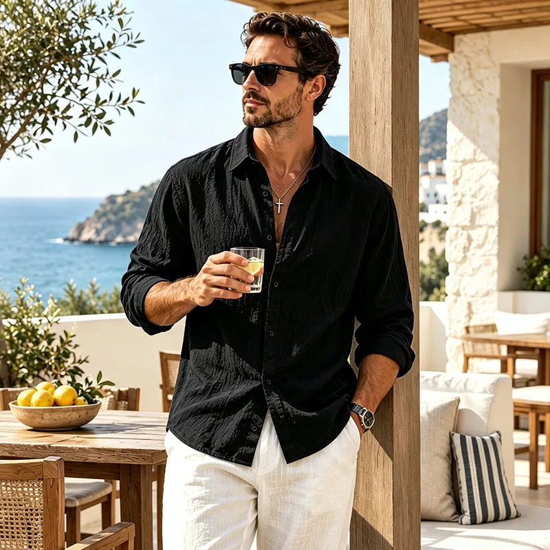 Men's Linen Shirt Spring Autumn Casual Long Sleeve Button Up Shirt Loose Fit Textured Top Lightweight Resort Wear for Men