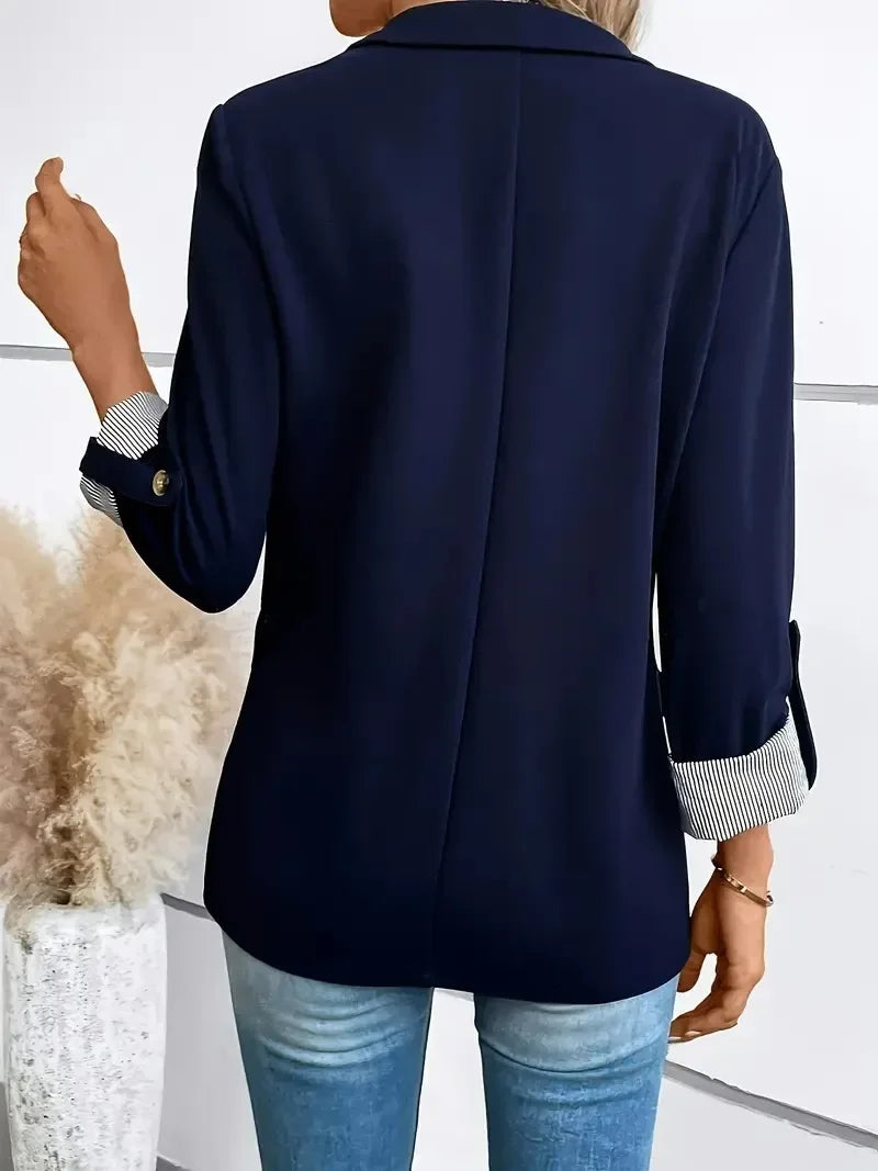 Women's Fashion Black Blazer with Striped Cuff Design Chic Professional Jacket for Casual Wear Slim Fit Long Sleeve Coat