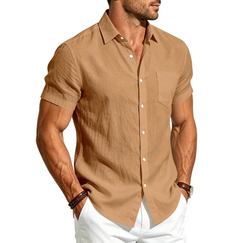 European and American Linen Top Men's Retro Casual Short-Sleeved Lapel Loose Beach Button-Up Shirt