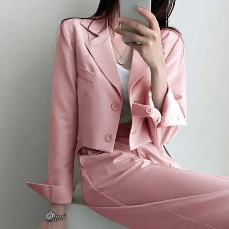 Suit Coat 2 Piece Set Women Blazer Jacket Straight Pants.