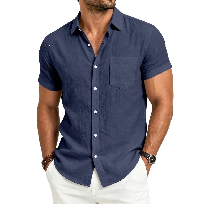 European and American Linen Top Men's Retro Casual Short-Sleeved Lapel Loose Beach Button-Up Shirt