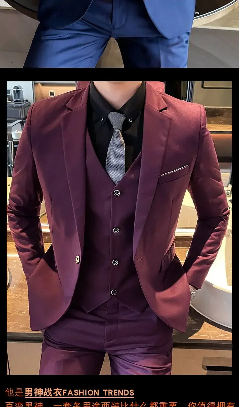 Suit (Blazer+ Vest + Pants) Men's Fashion Casual Outdoor Gentleman Business Wedding Formal Dress British Style Wedding Suit