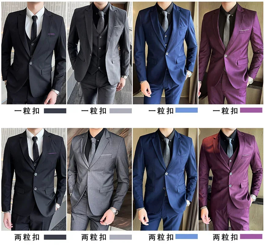 Suit (Blazer+ Vest + Pants) Men's Fashion Casual Outdoor Gentleman Business Wedding Formal Dress British Style Wedding Suit
