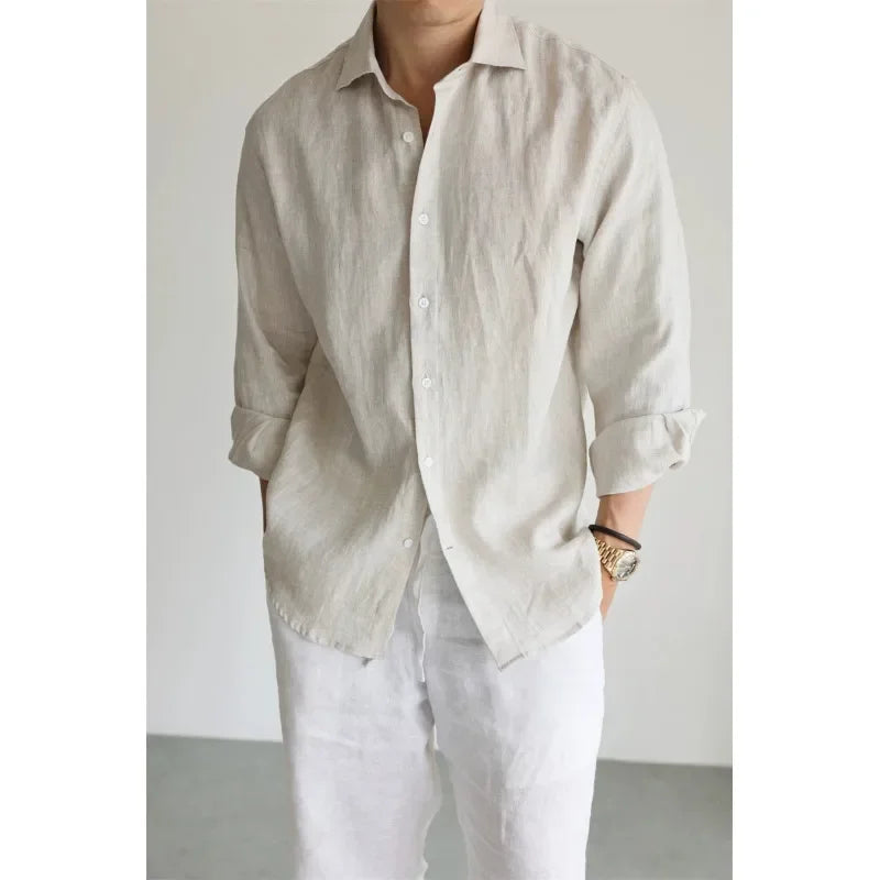 Men's Linen Shirt Cotton Blend Long Sleeve Button Down Casual Loose Fit Summer Breathable Tops Old Money Aesthetic Solid Color