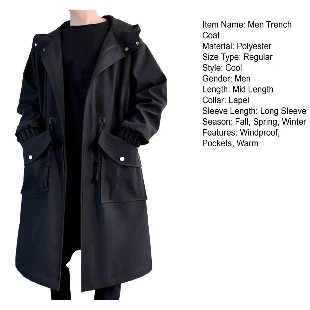 Long Trench Coat Jacket Men Autumn Spring Black Hip Hop Japanese Coats Streetwear Male Hooded Green Khaki Casual Jackets