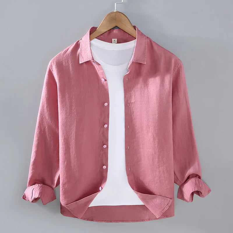 100% Linen Long Sleeve Shirt for Men Spring Fall Fashion Good Quality Solid Color Thin Breathable Healthy Lapel Blouse Tops Male