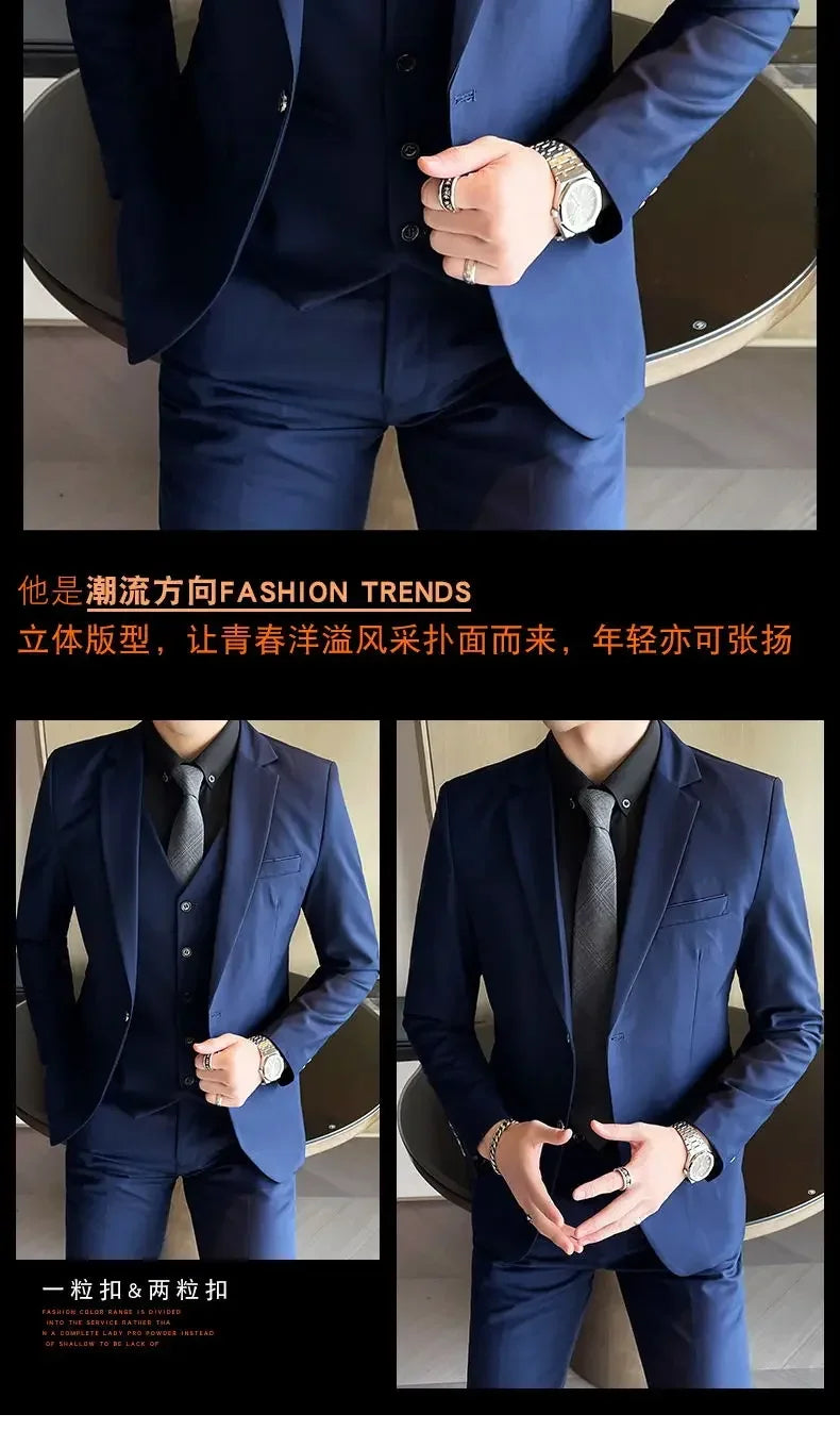 Suit (Blazer+ Vest + Pants) Men's Fashion Casual Outdoor Gentleman Business Wedding Formal Dress British Style Wedding Suit