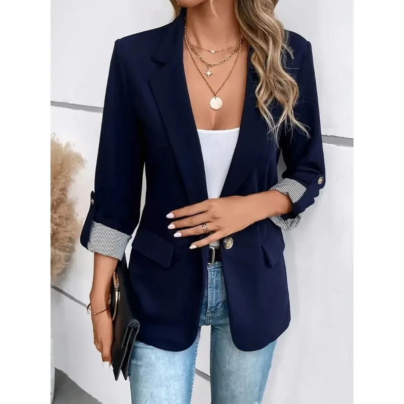 Women's Fashion Black Blazer with Striped Cuff Design Chic Professional Jacket for Casual Wear Slim Fit Long Sleeve Coat