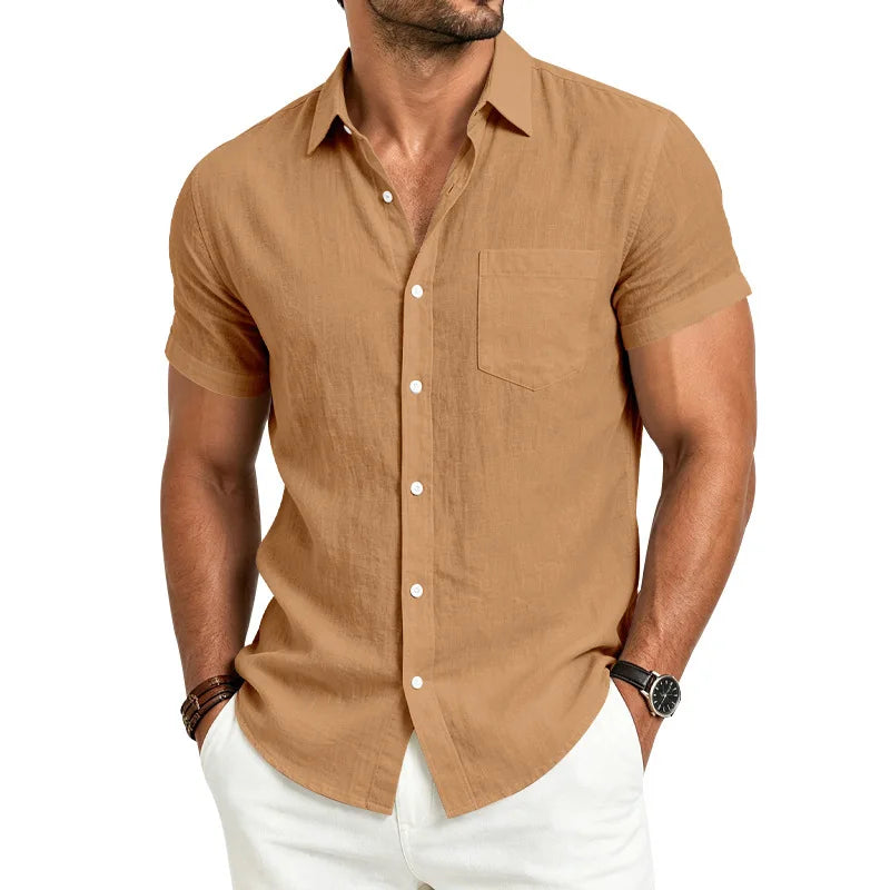 European and American Linen Top Men's Retro Casual Short-Sleeved Lapel Loose Beach Button-Up Shirt