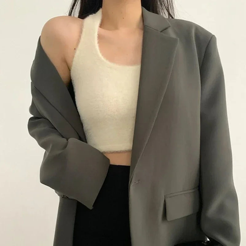 Gray Blazer Woman Black Jacket Outerwears Solid Over Clothes Coats for Women Dress Loose Long Korean Reviews Many Outdoor New In