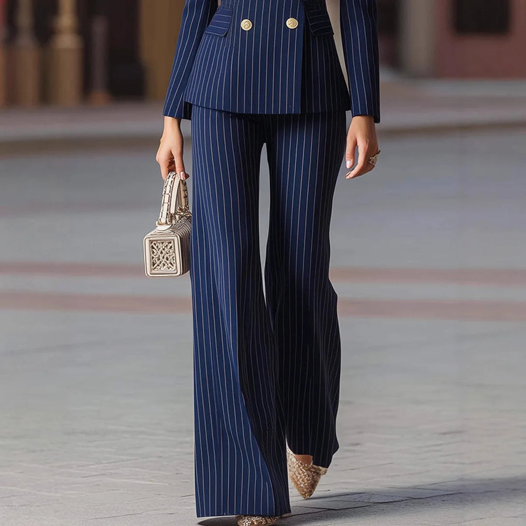 Women's 2 Piece Striped Suit, Double Breasted Blazer and Wide Leg Pants Set, Formal Business Office Wear