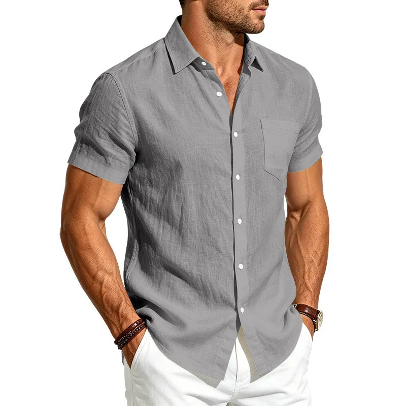 European and American Linen Top Men's Retro Casual Short-Sleeved Lapel Loose Beach Button-Up Shirt