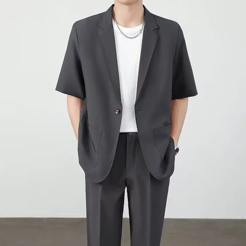 Summer Thin Ice Silk Drapey Suit Set Men's Short Sleeve Jacket Lightweight Casual Single-Breasted Suit Standard Fit Youth Trend