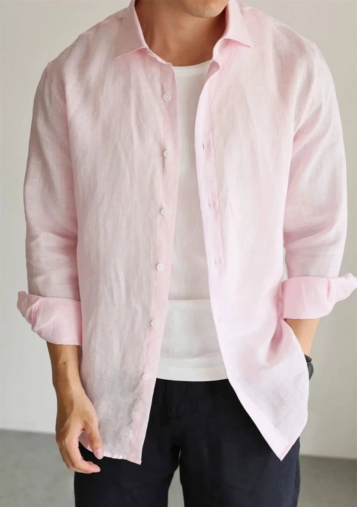 Men's Linen Shirt Cotton Blend Long Sleeve Button Down Casual Loose Fit Summer Breathable Tops Old Money Aesthetic Solid Color