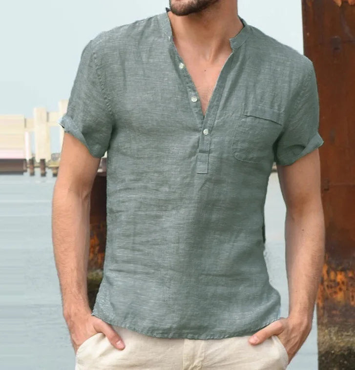 Linen Cotton Men's Shirt Henry Collar and Beach Pocket Casual Short Sleeved T-shirt Solid Color T-shirt Retro Streetwear